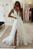 Robe de mariée Dentelle Train de balayage Col en V Foncé Fourchure Frontale