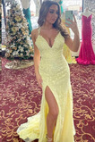 Robe de soirée Sirène Thigh-High Slit Drapé Col en V Foncé Naturel taille