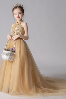 Robe de fille de fleur Tulle Longue Médium Accrocher le cou Décalcomanie