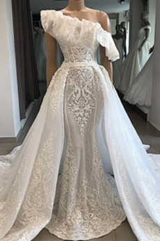 Robe de mariée Une épaule Longueur au sol Eglise Dentelle Naturel taille