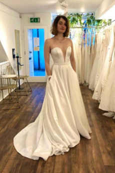 Robe de mariée Satin Col en V Fermeture éclair Manquant Naturel taille