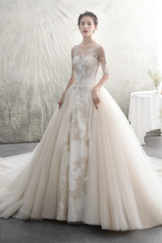 Robe de mariée Tulle Cérémonial a ligne Couvert de Dentelle Col U Profond