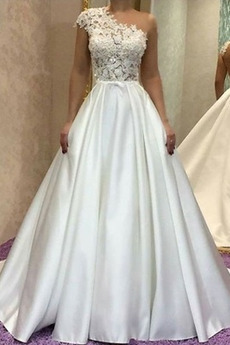 Robe de mariée Couvert de Dentelle Une épaule Rivage Naturel taille