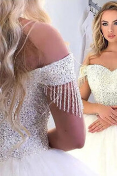 Robe de mariée Hiver aligne Laçage Vente net Perle Rosée épaule