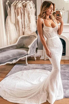 Robe de mariée Fermeture à glissière Dentelle Bretelles Spaghetti