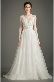 Robe de mariée Tulle A-ligne Manche Longue Longueur de plancher