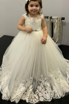 Robe de fille de fleur Tulle A-ligne Longueur de plancher Fermeture à glissière