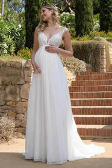 Robe de mariée Col en V Foncé Sans Manches Luxueux Mousseline