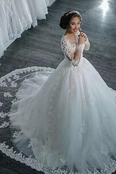 Robe de mariée Manche Longue Dentelle Petit collier circulaire