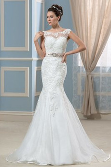 Robe de mariée Traîne Courte Plage Mince Epurée Col Bateau Cristal