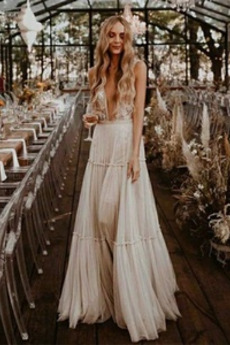 Robe de mariée Tulle Longueur de plancher Col en V Printemps