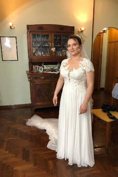 Robe de mariée Manche Courte Manche Aérienne Pomme Gaze Longueur de plancher