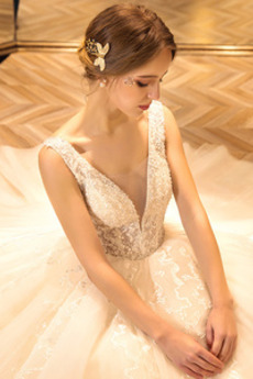 Robe de mariée Tulle Salle Longueur de plancher Col en V Naturel taille