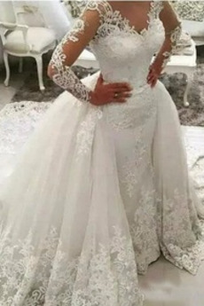 Robe de mariage Hiver Col en V Foncé Dos nu Manche Aérienne Chapelle