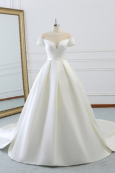 Robe de mariée Naturel taille Laçage aligne Hiver Satin Col en V Foncé