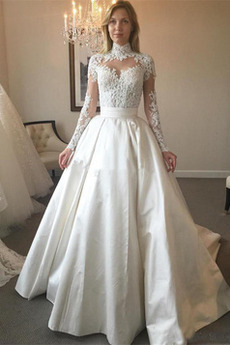 Robe de mariée Manche Longue Traîne Courte Naturel taille Col haut