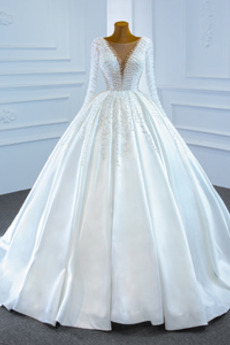 Robe de mariage Col en V A-ligne Froid Manche Longue Perle Norme