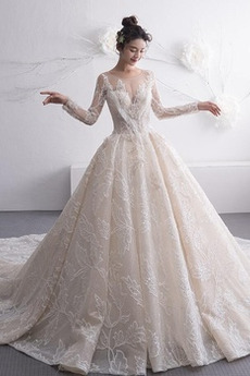 Robe de mariée Manche Longue Sage Formelle Traîne Royal Dentelle