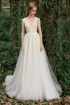 Robe de mariage Tulle Appliquer a ligne Longue Sans Manches Simple