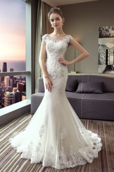 Robe de mariée Manche Courte Couvert de Dentelle Lacez vers le haut