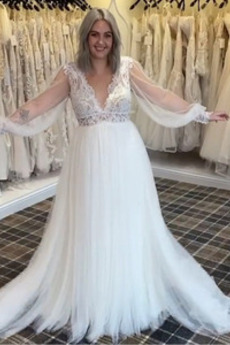 Robe de mariée Dos nu Manche Aérienne Chic Décalcomanie Col en V Foncé