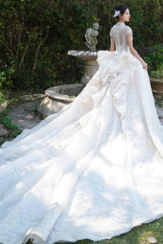 Robe de mariée Manche Courte Luxueux A-ligne Corsage Avec Bijoux