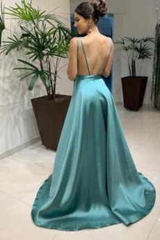 Robe de soirée Col en V Foncé Train de petit A-ligne Satin Sans Manches