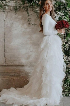 Robe de mariée De plein air Bouton Organza Manche Longue Naturel taille