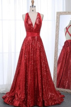 Robe de bal Paillettes Col en V Festin Sans Manches Longue a ligne