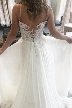 Robe de mariée Bouton A-ligne Bretelles Spaghetti Longueur au sol