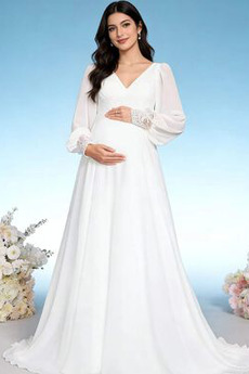 Robe de mariée Grossesse Manche Longue taille haute Drapé Longue