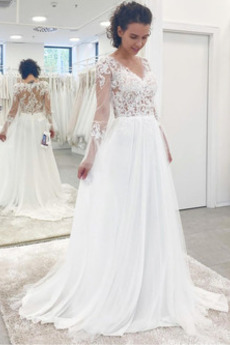 Robe de mariée Manche Aérienne Gaze Dentelle Décalcomanie Train de balayage