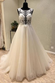 Robe de mariée Tulle Col Bateau Été A-ligne Poire Dentelle Dos nu