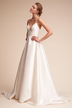 Robe de mariée Longue Dos nu Médium Col en V Drapé Simple Satin