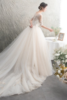 Robe de mariée Tulle Cérémonial a ligne Couvert de Dentelle Col U Profond