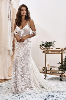 Robe de mariée Près du corps Poire Naturel taille Longue Bretelles Spaghetti