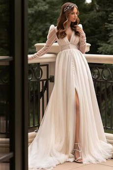 Robe de mariée Col en V Foncé a ligne Naturel taille semi-couverte