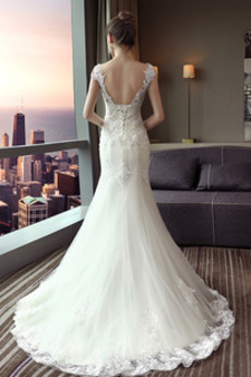 Robe de mariée Manche Courte Couvert de Dentelle Lacez vers le haut