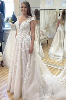 Robe de mariée Dentelle Formelle Norme Train de petit Rosée épaule