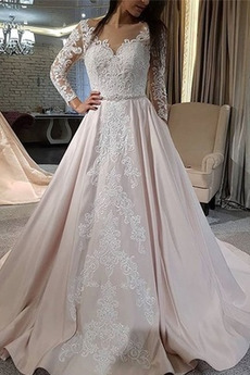 Robe de mariée Vintage Col en V Foncé Eglise Drapé Manche Longue