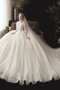 Robe de mariée Manche Aérienne Drapé Sage Col Bateau Lacez vers le haut