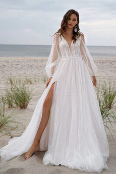 Robe de mariage Manche Longue A-ligne Tulle Col en V Fourchure Frontale