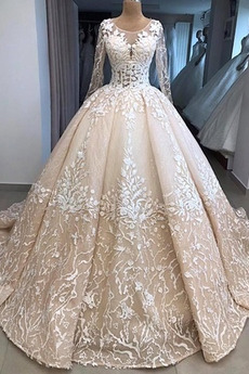 Robe de mariage Manche Longue Bouton a ligne Naturel taille Cathédrale