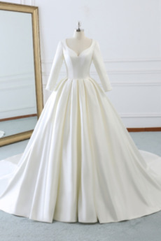 Robe de mariée Col en V Drapé A-ligne De plein air Satin Naturel taille