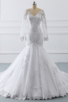 Robe de mariage Sirène Plage Perler Col en V Naturel taille Manche Longue