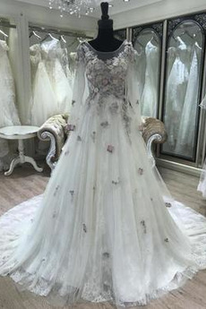 Robe de mariée Manche Longue Col U Profond Manche Aérienne Formelle