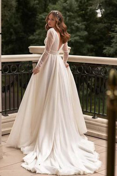 Robe de mariée Col en V Foncé a ligne Naturel taille semi-couverte