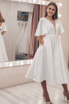 Robe de mariée Manche Courte A-ligne Simple Col en V Foncé Rivage