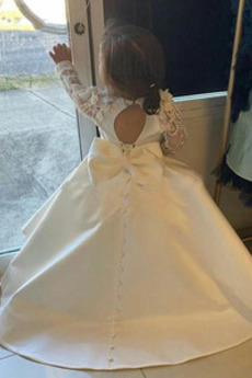 Robe de fille de fleur Manche Longue Naturel taille Traîne Courte