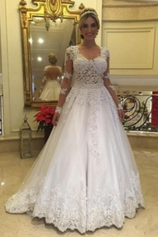 Robe de mariée Perle Gaze A-ligne Naturel taille Eglise Manche Longue